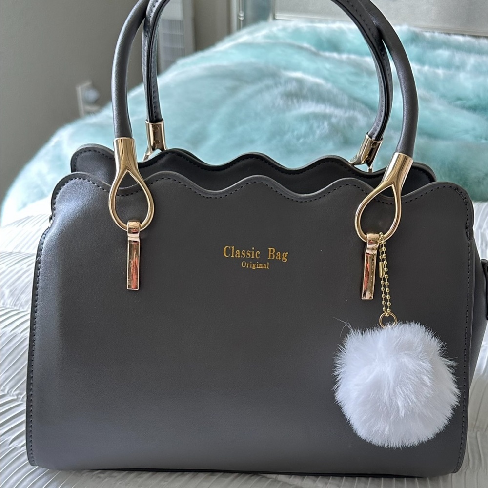 🔥Grey Shoulder Bag with White Pom Charm